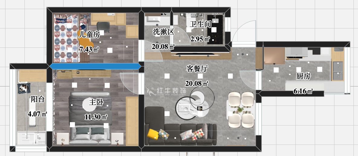 張智猿｜銀龍花園1期35-301-60㎡-現代簡約風格｜2室1廳1衛(wèi)｜老房裝修｜定制家￥120000｜全包10萬｜00_03彩平圖