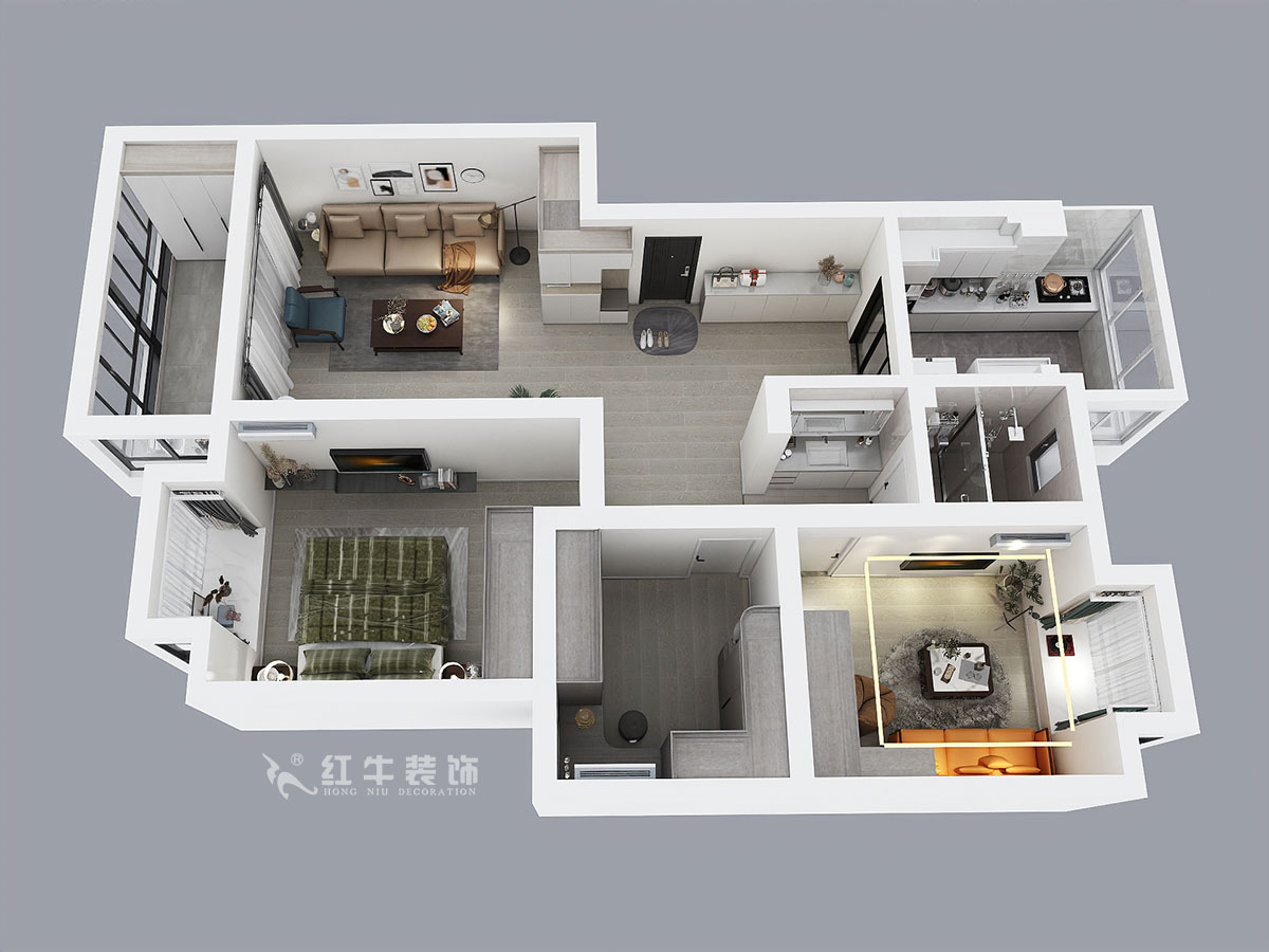 蔣?。趟铺?-3-401-106㎡-現(xiàn)代簡約風(fēng)格｜3室2廳1衛(wèi)｜新房裝修｜成品家￥152999｜全包15萬｜00_04鳥瞰圖