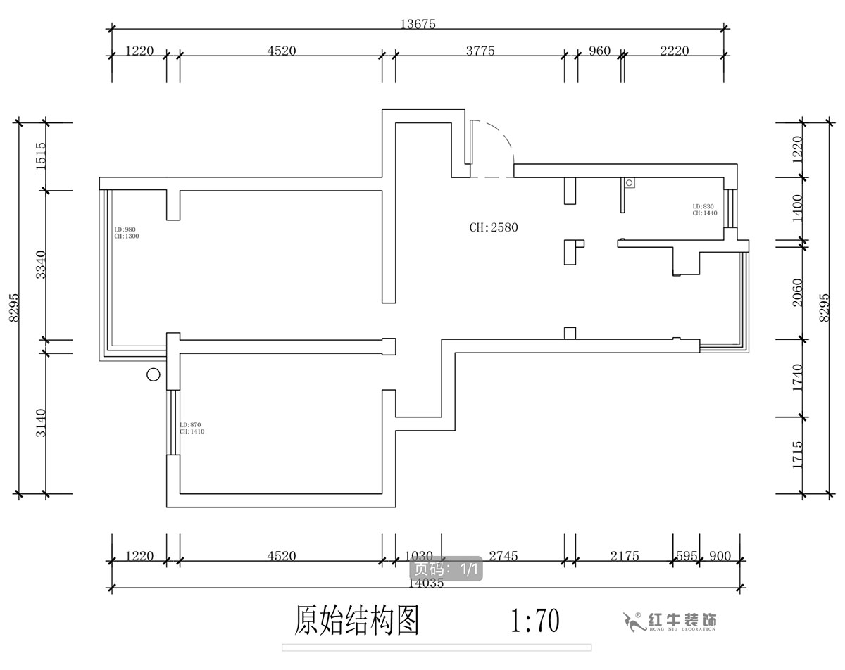 蔣?。蔡┐?1-401-80㎡-現(xiàn)代簡約風(fēng)格｜2室1廳1衛(wèi)｜舊房裝修｜定制家￥126767｜全包12萬｜00_01原始結(jié)構(gòu)圖
