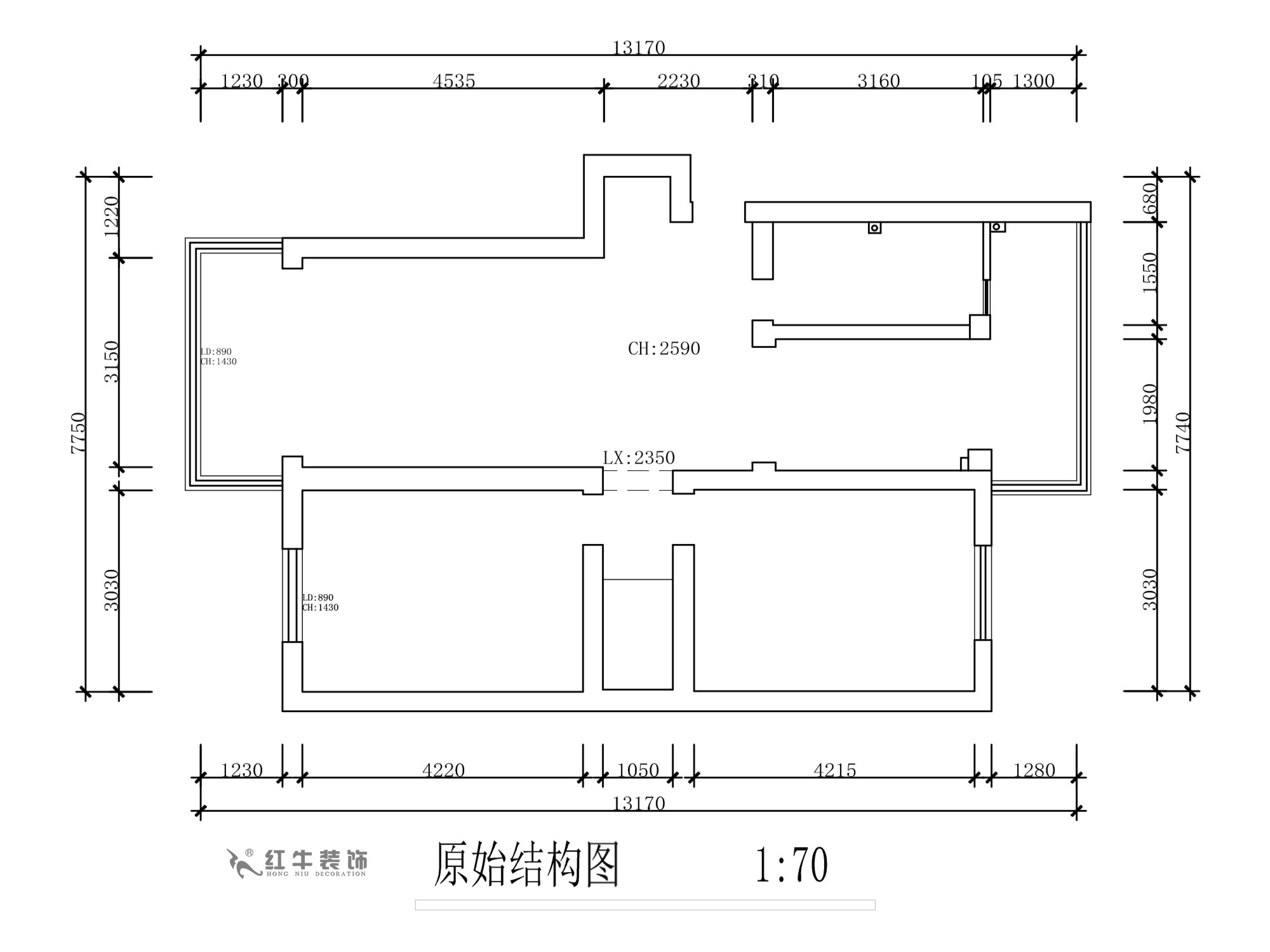 蔣?。旄@43-401-90㎡-現(xiàn)代簡約風(fēng)格｜2室1廳1衛(wèi)｜舊房裝修｜定制家￥122757｜全包12萬｜00_01原始結(jié)構(gòu)圖