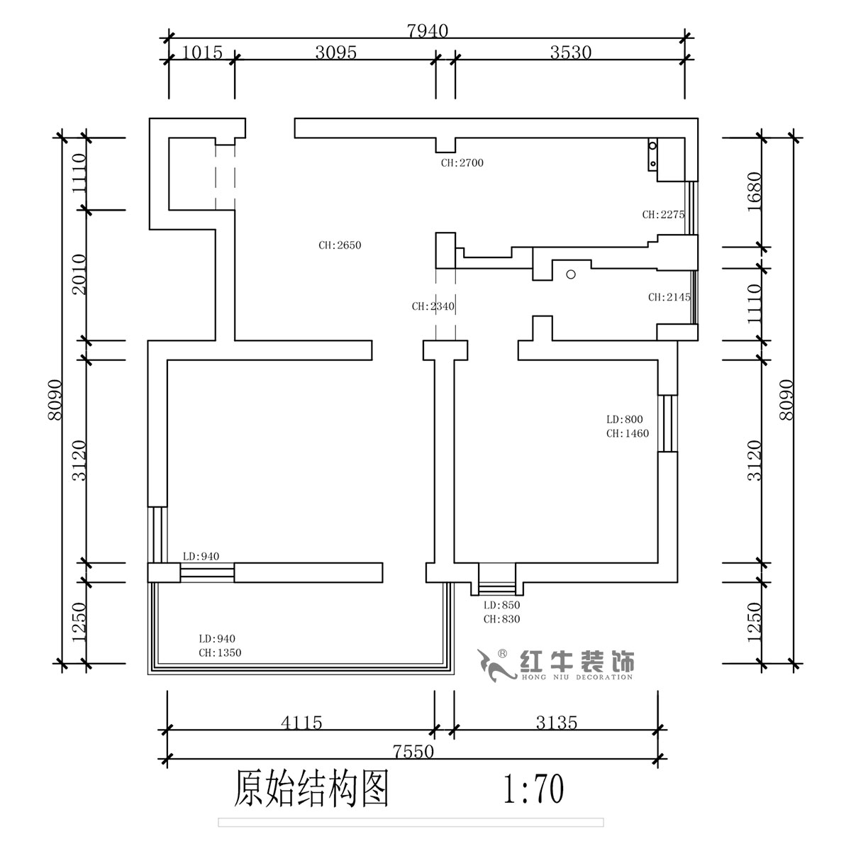 蔣?。珗@路44號小區(qū)3-204-60㎡-現(xiàn)代簡約風(fēng)格｜2室1廳1衛(wèi)｜舊房裝修｜定制家｜全包10萬｜00_01原始結(jié)構(gòu)圖