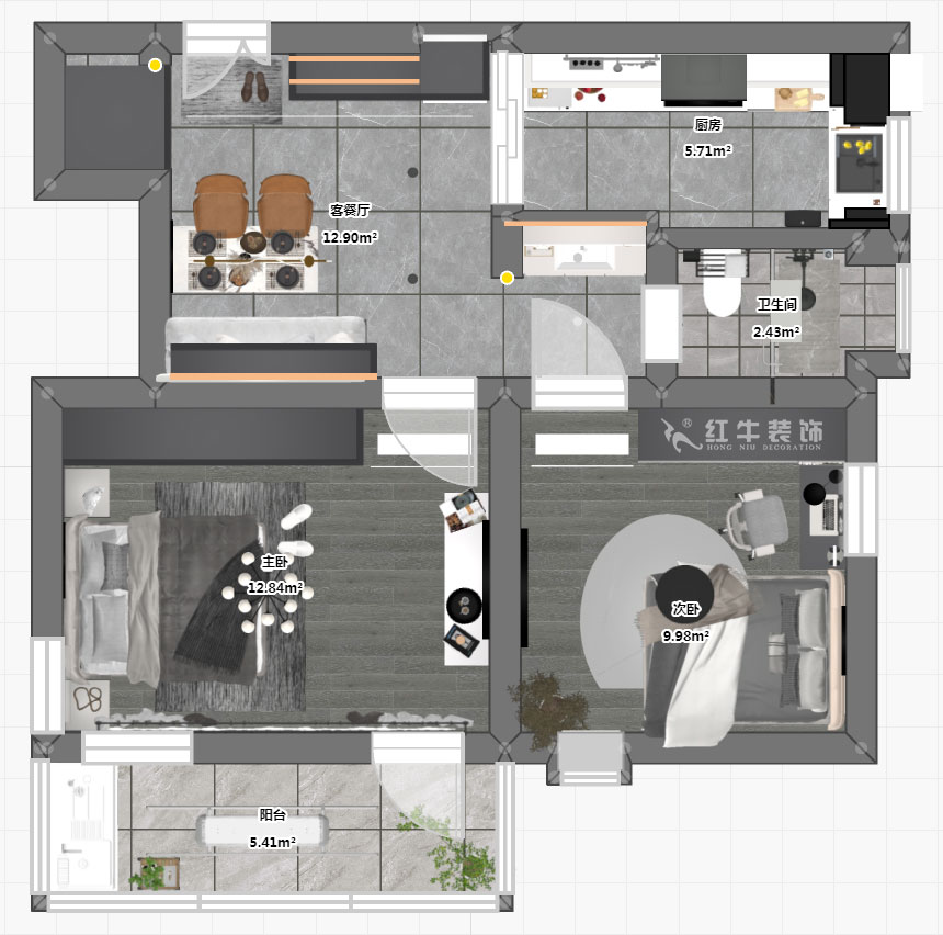 蔣?。珗@路44號小區(qū)3-204-60㎡-現(xiàn)代簡約風(fēng)格｜2室1廳1衛(wèi)｜舊房裝修｜定制家｜全包10萬｜00_03平面彩圖