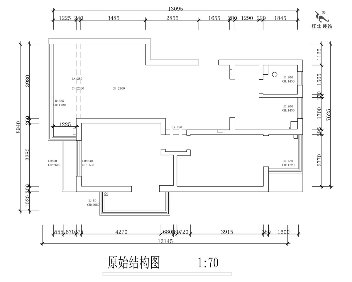 蔣?。霄沃腥A廣場11-601-110㎡-現(xiàn)代簡約風格｜2室2廳1衛(wèi)｜舊房裝修｜定制家￥140400｜全包15萬｜00_01原始結(jié)構(gòu)圖