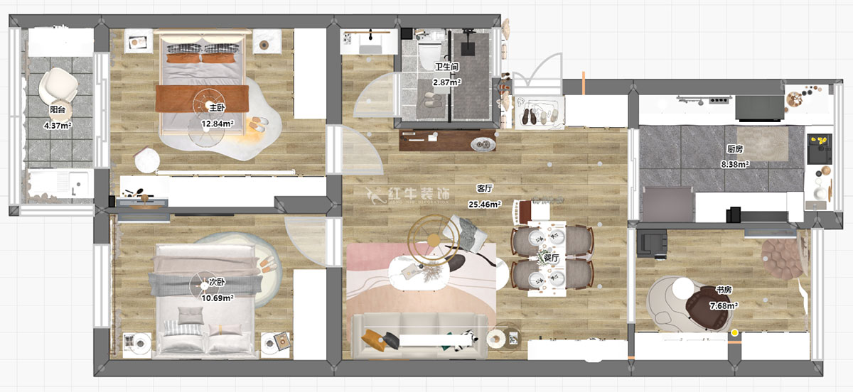蔣琛｜鐘山山莊24-303-90㎡-現(xiàn)代簡約風(fēng)格｜3室1廳1衛(wèi)｜舊房裝修｜定制家￥120000｜全包13萬｜00_03平面彩圖