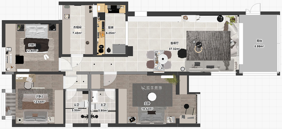 蔣?。袞|花園39-210-140㎡-現(xiàn)代簡約風格｜4室2廳2衛(wèi)｜新房裝修｜定制家｜全包17萬｜00_03平面彩圖